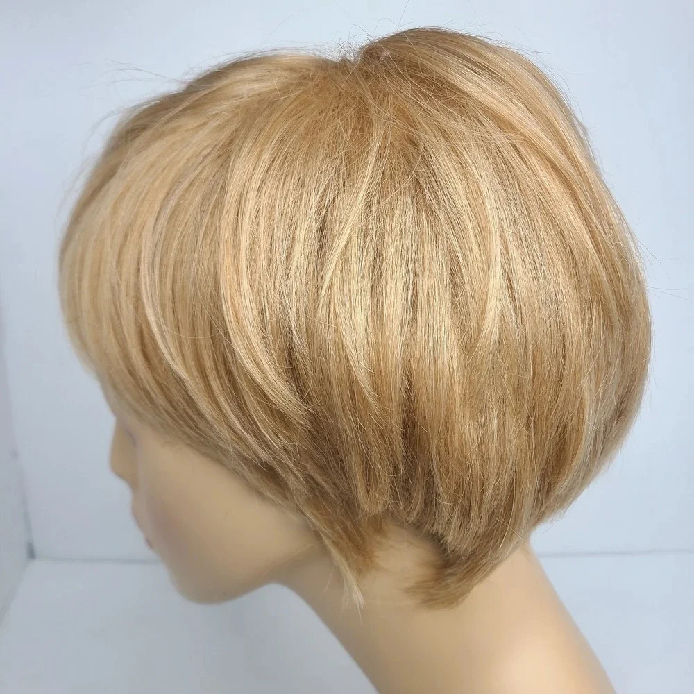 Human Hair Wig Blonde Pixie Cut‎ Capless Mono Top Clip In Breathable Wefted Back